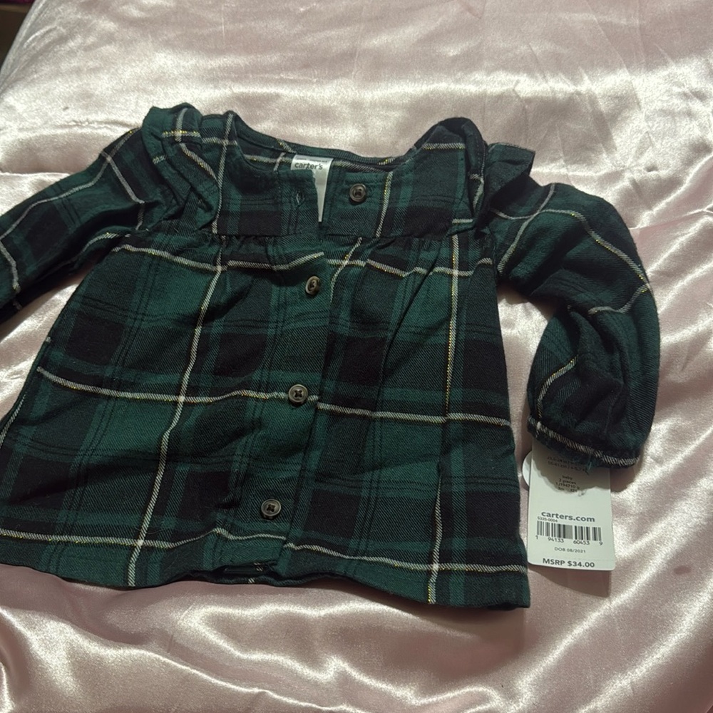 3 month plaid green blue gold and white stripe shirt. Never worn